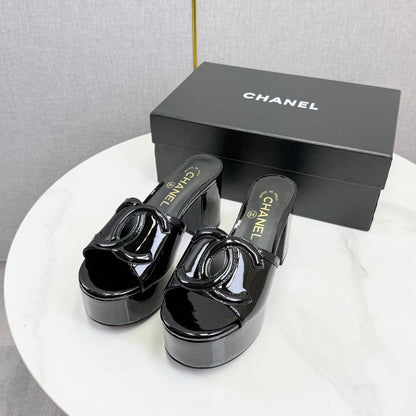 CC 26s Block Heel Sandals 10cm Black Patent Calfskin