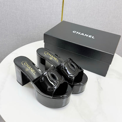 CC 26s Block Heel Sandals 10cm Black Patent Calfskin