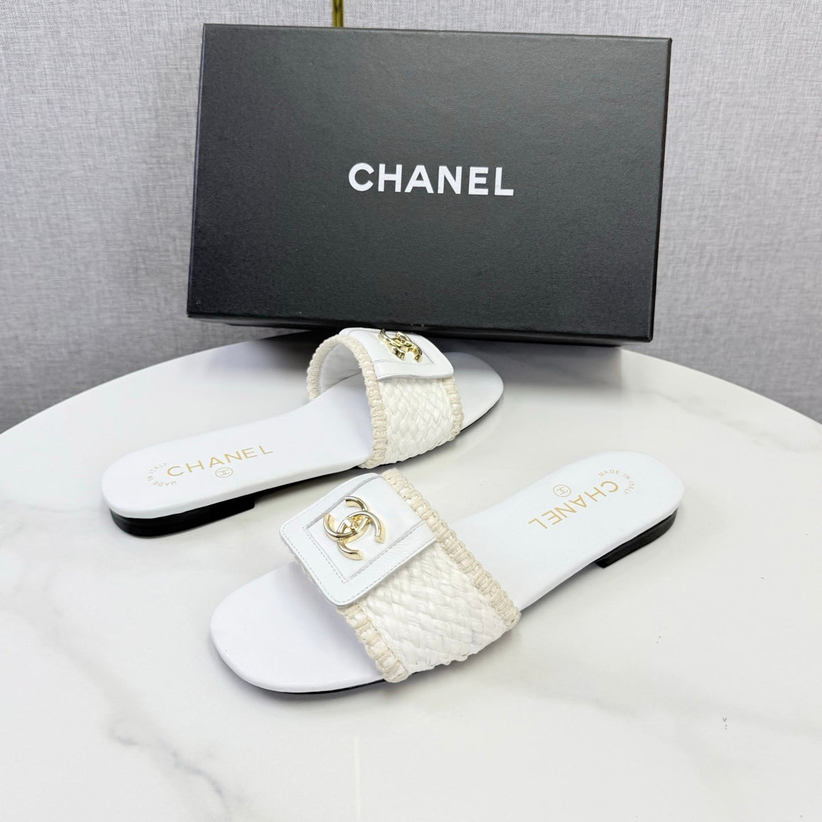 Chanel 26s Woven Strap Slides White Lambskin