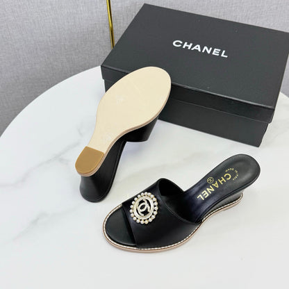 CC 26s Wedge Heels In Black Lambskin With Cc Pearl Embellished