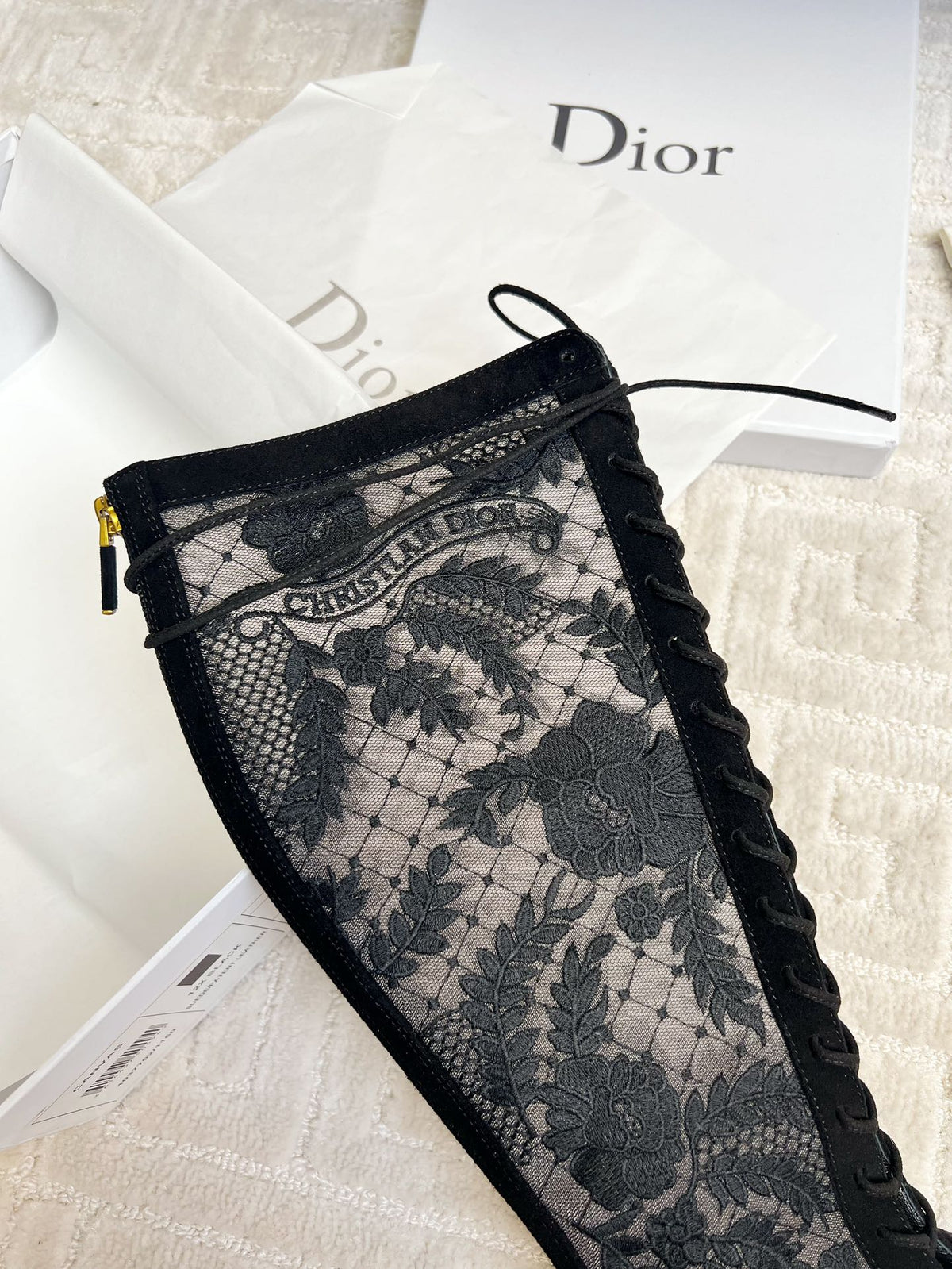 CD Naughtily-D Heeled High Boots Black Transparent Mesh Roses Embroidery And Suede