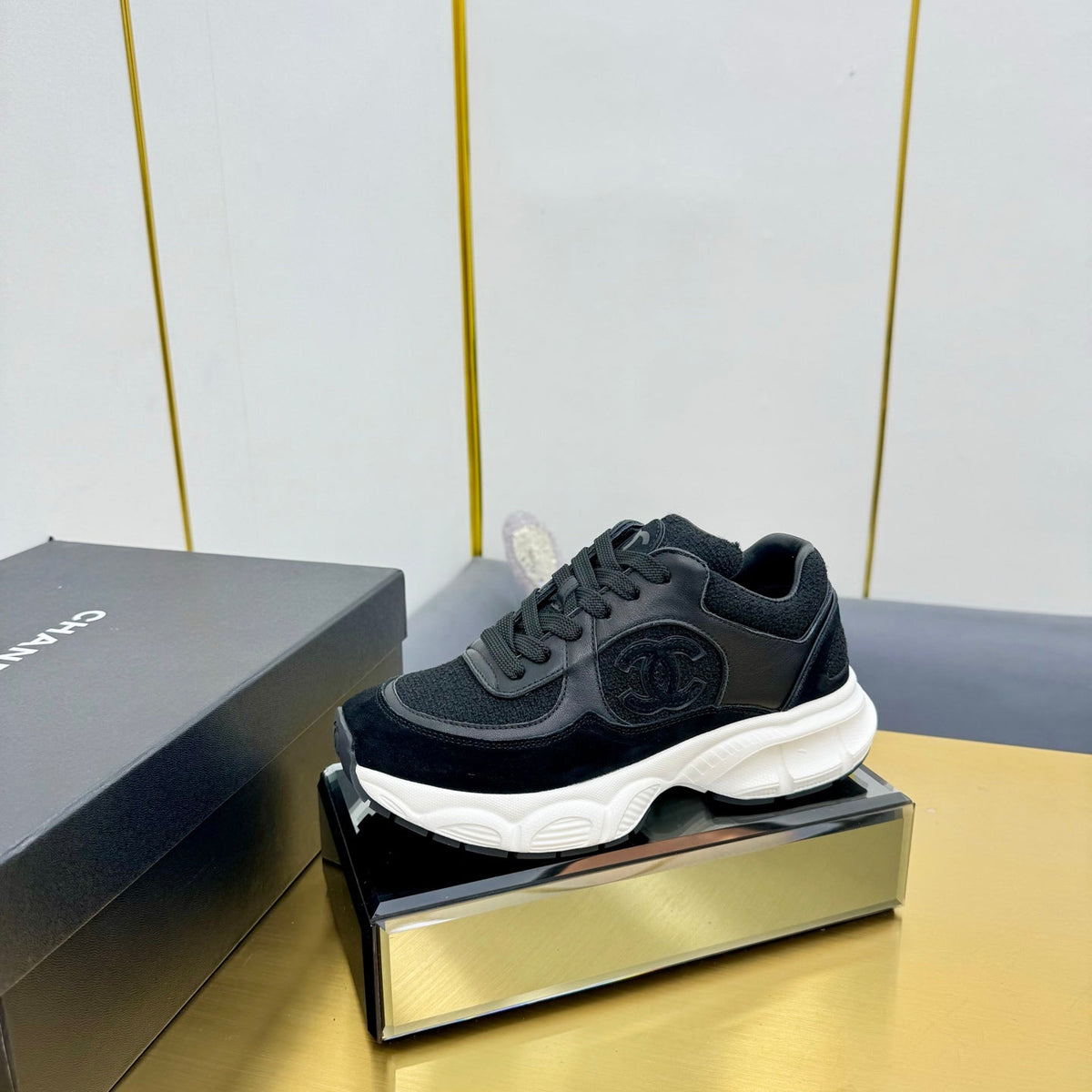 CC 26s Chunky Sneakers Black Calfskin Tweed 927329