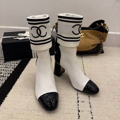 CC 2025 Chunky Heel Sock Boot White Leather Knit 548118
