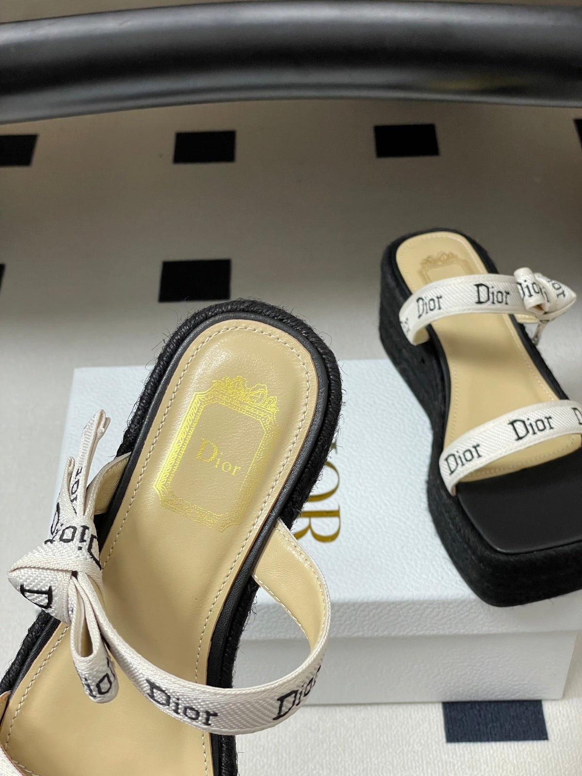 CD J'Adior Wedge Slide Straps Black Beige Leather 834938