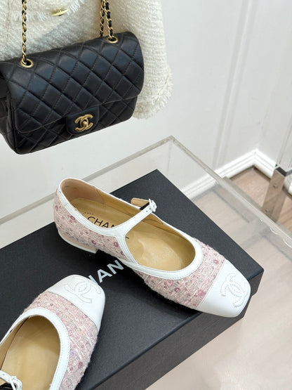 CC 26s Square-Toe Mary Jane Shoes Pink White Tweed Leather 920422