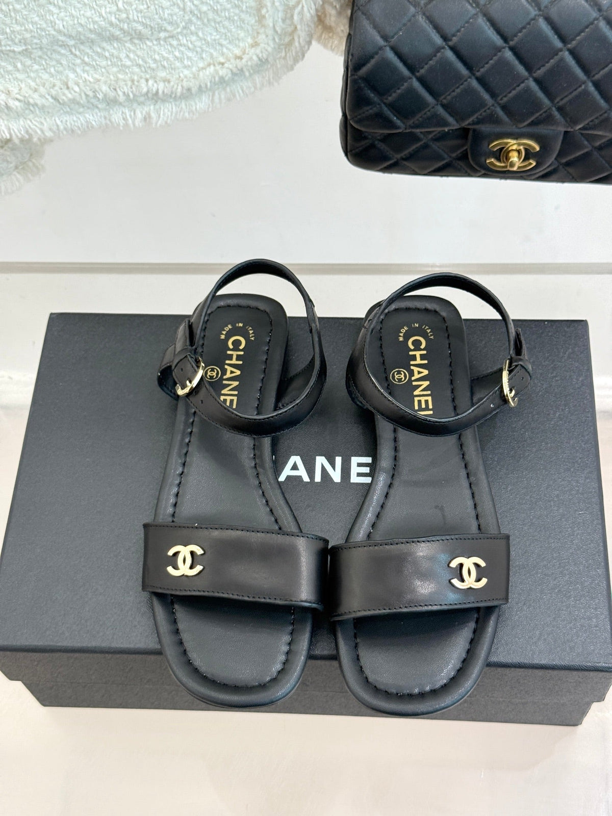 CC 26s Strap Flat Sandals Black Lambskin 920333